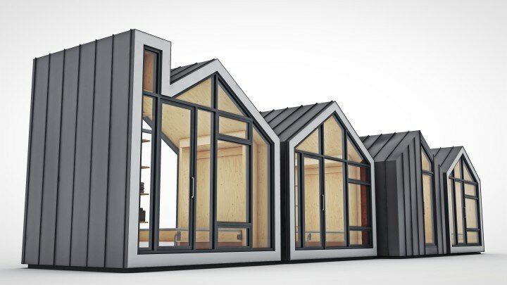 Four Bunkie models, side view - Bunkie Premier, Bunkie Monarch, Bunkie Huron, Bunkie VOS - small prefab home - micro home - studio home