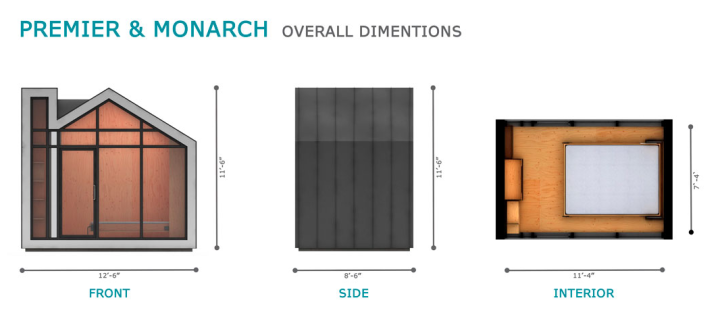 Bunkie Premier and Bunkie Monarch dimensions - small prefab home - micro home - studio home